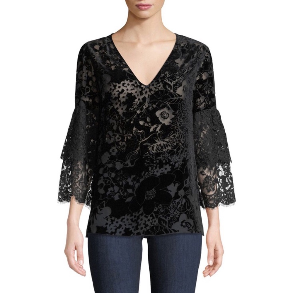 Johnny Was Black Floral Eureka Burnout Velvet Shirt Top Lace Ruffle Sleeve Silk